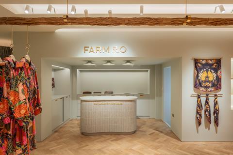 Counter and womenswear on display at Farm Rio, King’s Road, London